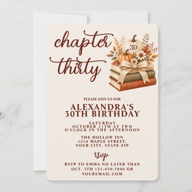 Chapter 30 Fall Pumpkin Bookish 30th Birthday Invitation (Front)