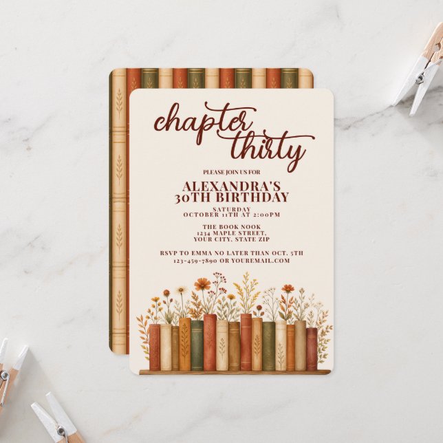 Chapter 30 Fall Wildflowers Bookish 30th Birthday Invitation (Front/Back In Situ)