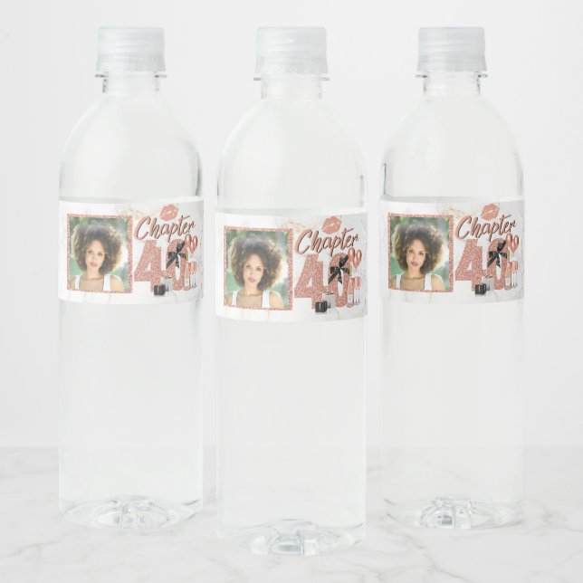 Chapter 40 Birthday Rose Gold Photo Water Bottle Label (Bottles)