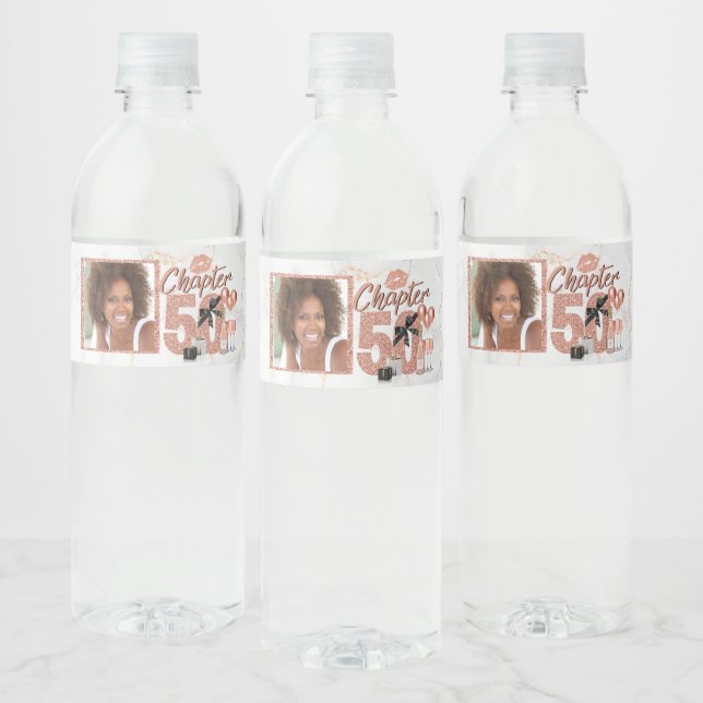 Chapter 50 Birthday Rose Gold Photo Water Bottle Label (Bottles)