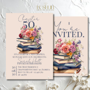 Chapter 50 Birthday Stacked Books with Flowers Invitation
