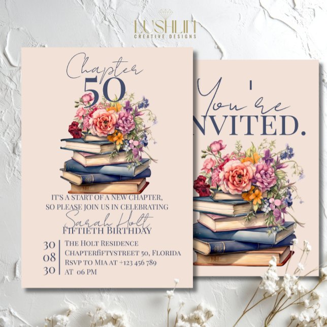Chapter 50 Birthday Stacked Books with Flowers Invitation (Creator Uploaded)