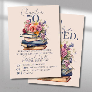 Chapter 50 Birthday Stacked Books with Flowers Invitation