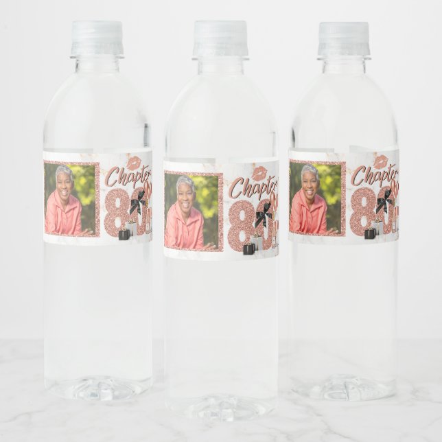 Chapter 80 Elegant Rose Gold 80th Birthday Photo Water Bottle Label (Bottles)