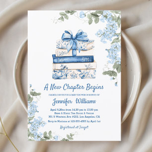 chapter begins, blue bow books floral baby shower  invitation