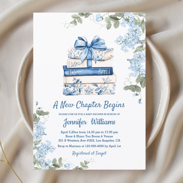chapter begins, blue bow books floral baby shower  invitation (Creator Uploaded)