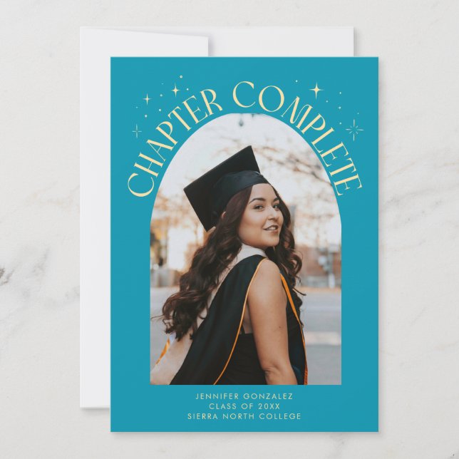 Chapter Complete Aqua Blue Arch Frame Photo Grad Announcement (Front)