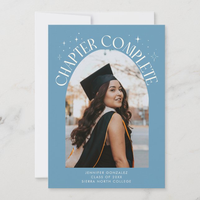 Chapter Complete Denim Blue Arch Frame Photo Grad Announcement (Front)