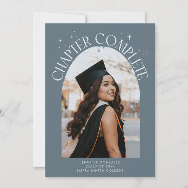 Chapter Complete Slate Blue Arch Frame Photo Grad Announcement (Front)