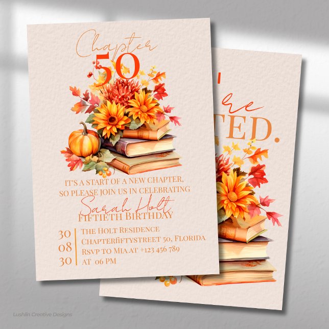 Chapter Fifty Birthday Stacked Books Pumpkin Fall Invitation (Creator Uploaded)