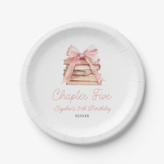 Chapter Five Pink Bow Books 5th Birthday Party Paper Plate (Front)