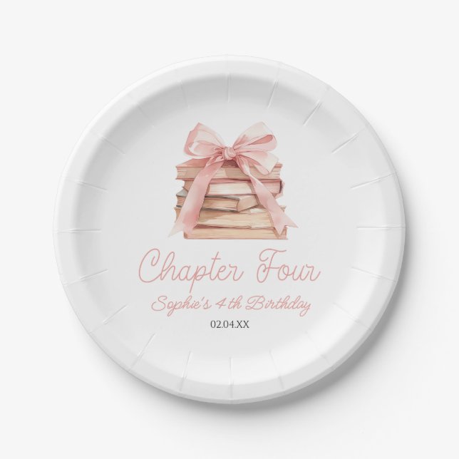 Chapter Four Pink Bow Books 4th Birthday Party Paper Plate (Front)