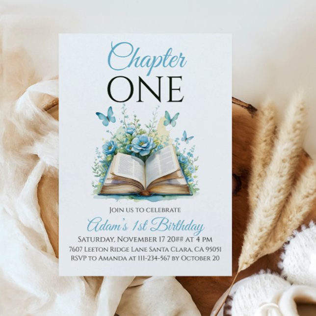 Chapter One Book Blue Boy First Birthday Invitation (Creator Uploaded)