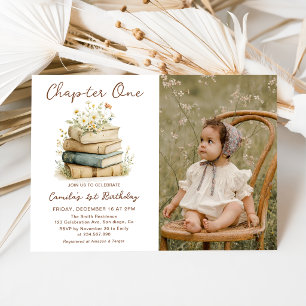 Chapter One Floral Books 1st Birthday Photo Invitation