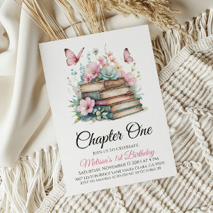 Chapter One Floral Pink Girl First Birthday Invitation