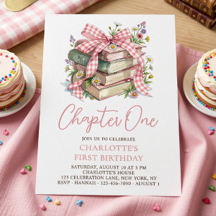Chapter One Pink Bow Books 1st Birthday  Invitation
