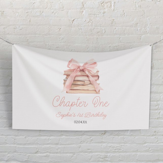 Chapter One Pink Bow Books 1st Birthday Party Banner (Creator Uploaded)