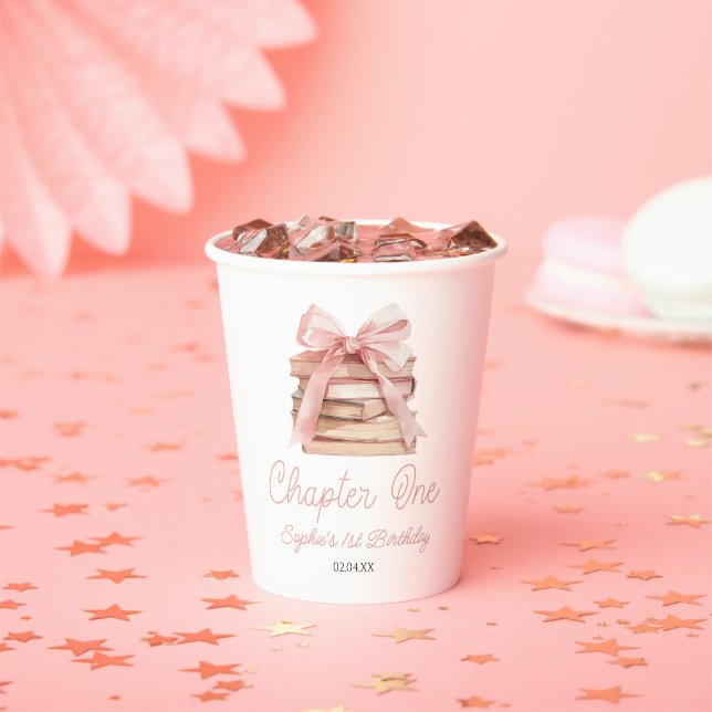 Chapter One Pink Bow Books 1st Birthday Party Paper Cups (Insitu)