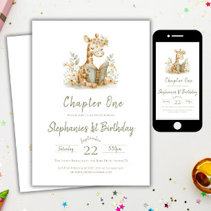 Chapter One Sage Green Bookish 1st Birthday Party  Invitation
