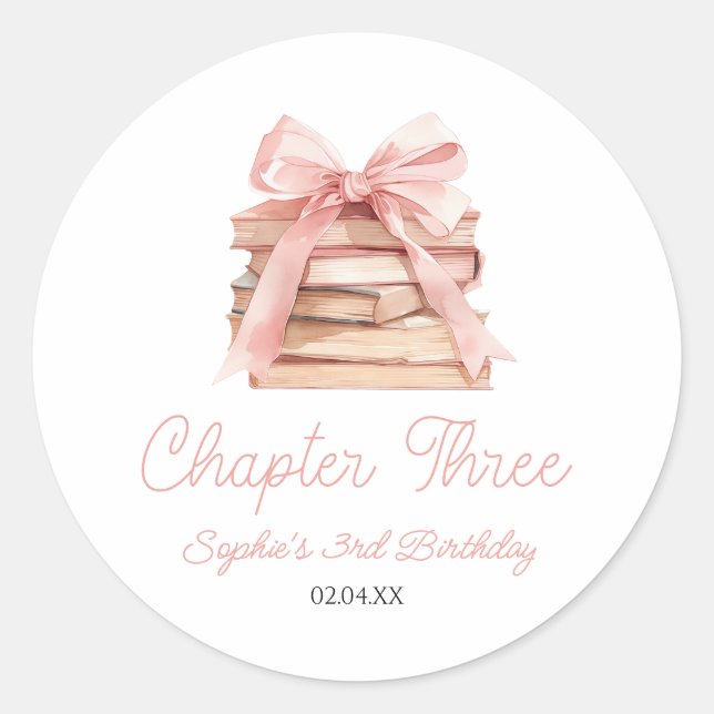 Chapter Three Pink Bow Books 3rd Birthday Party Classic Round Sticker (Front)