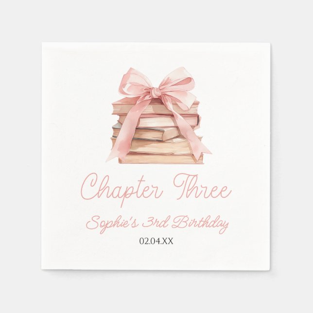 Chapter Three Pink Bow Books 3rd Birthday Party Napkin (Front)