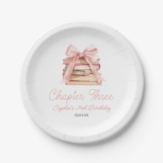 Chapter Three Pink Bow Books 3rd Birthday Party Paper Plate (Front)