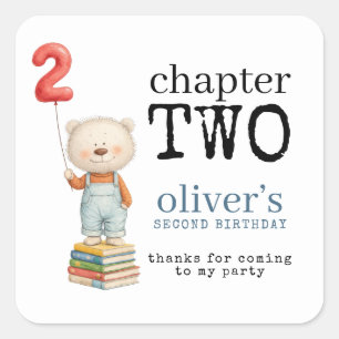 Chapter Two Bear Books Boy 2nd Birthday Thanks Square Sticker