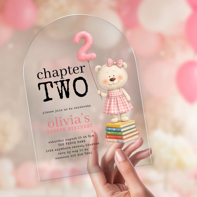 Chapter Two Teddy Bear Books Girl 2nd Birthday Acrylic Invitations (Creator Uploaded)