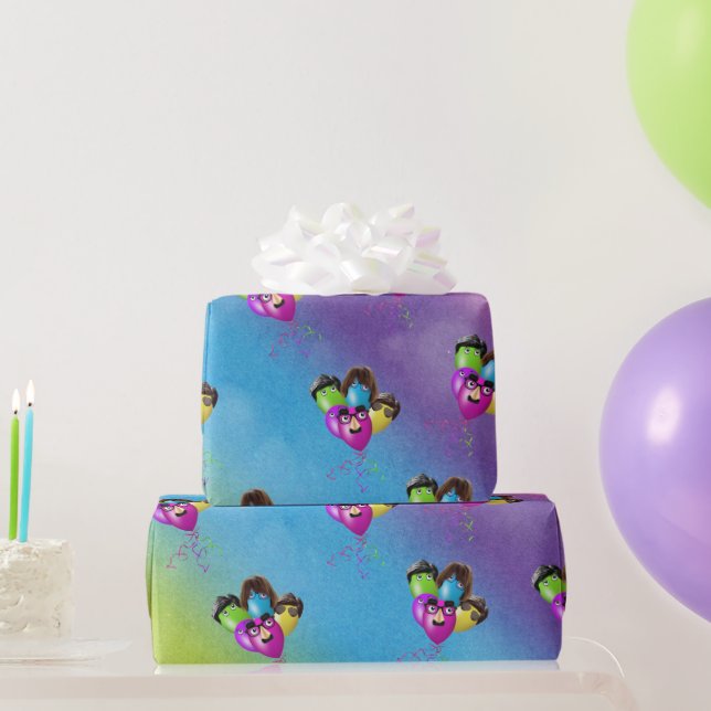 Character Party Balloons On Rainbow Wrapping Paper (Party Gifts)