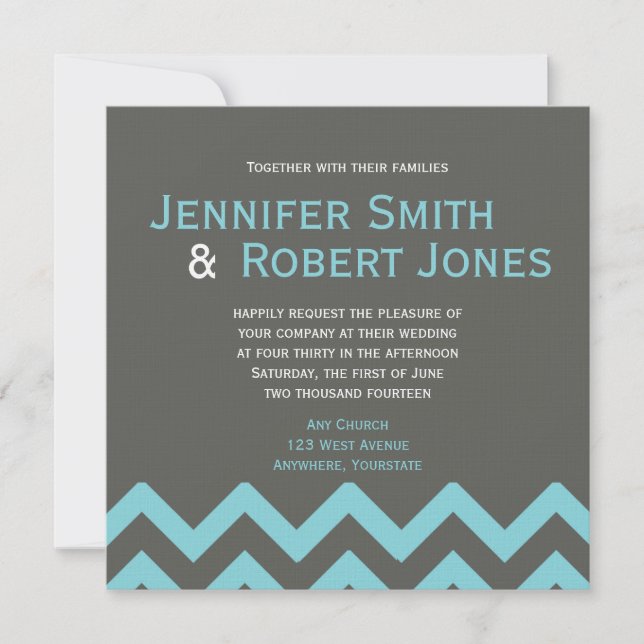 Charcoal and Aqua Chevron Posh Wedding Invitation (Front)