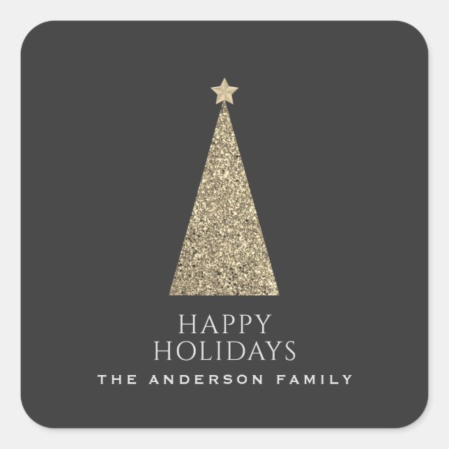 Charcoal and Copper Gold Glitter Christmas Tree Square Sticker (Front)
