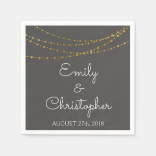Charcoal and Gold Foil String Lights Wedding Napkin
