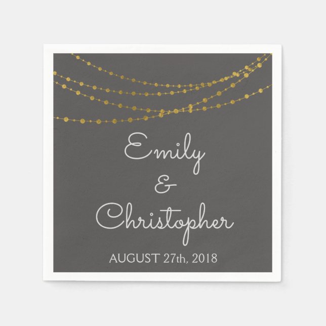 Charcoal and Gold Foil String Lights Wedding Napkin (Front)