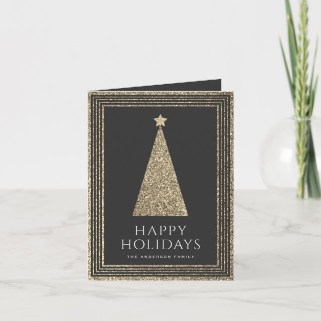 Charcoal and Gold Glitter Photo Christmas Tree Holiday Card (Front)