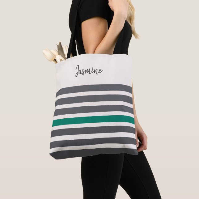 Charcoal  and green  modern stripes custom name tote bag (Close Up)