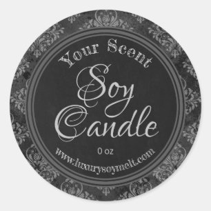 Charcoal And Grey Damask Chalkboard Soy Candle Classic Round Sticker