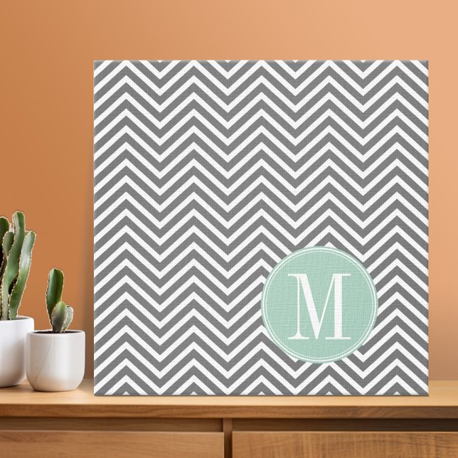 Charcoal and Mint Green Chevrons Custom Monogram Canvas Print (Photo Collage - Custom Wall Art)