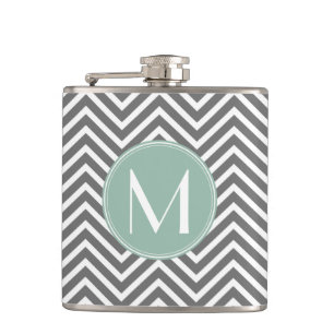 Charcoal and Mint Green Chevrons Custom Monogram Hip Flask