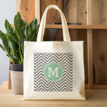 Charcoal and Mint Green Chevrons Custom Monogram Tote Bag<br><div class="desc">A classic,  traditional design with chevrons and a single monogram. A preppy,  yet sophisticated design for everyday use. Charcoal grey and white chevron pattern with a mint green circle with monogram. Classic design with a trendy and graphic pattern and popular colours.</div>