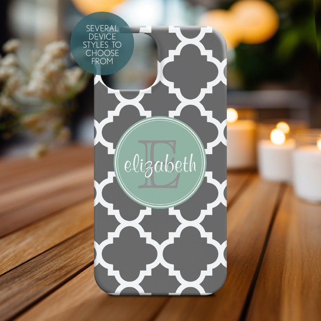 Charcoal and Mint Quatrefoil Pattern Monogram (Personalized Phone Case with a Name and Monogram)