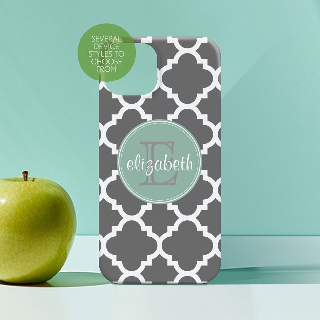 Charcoal and Mint Quatrefoil Pattern Monogram iPhone 16 Case (Personalized Phone Case with Custom Monogram)