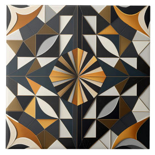 Charcoal and Ochre Sunburst Geometric Tile