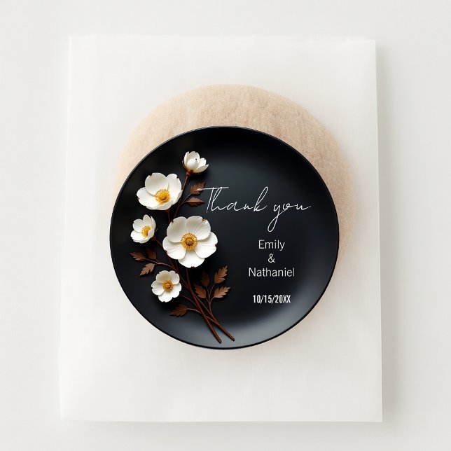 Charcoal and White Anemone Wedding Thank You  Classic Round Sticker (Creator Uploaded)