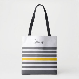 Charcoal and yellow modern stripes custom name tote bag