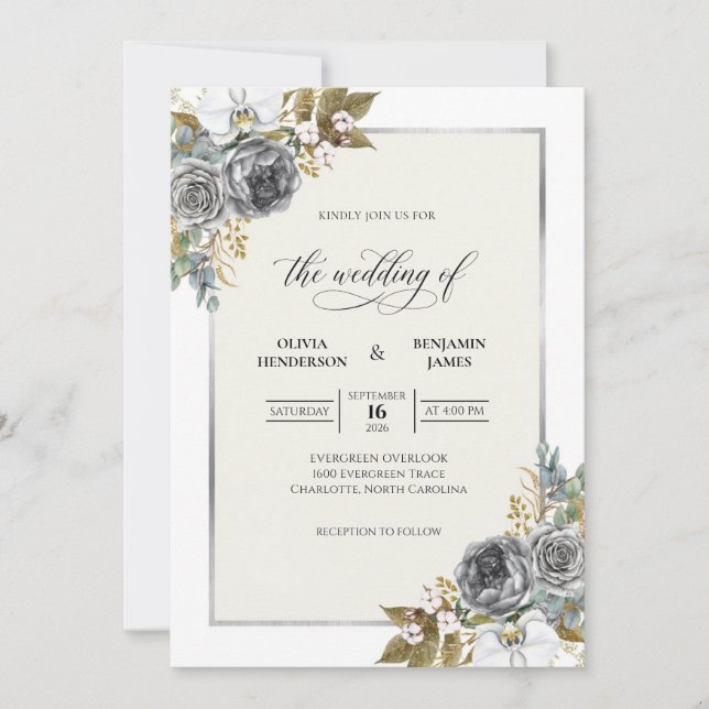 Charcoal Antique Silver Leaf Wedding Invitation (Front)