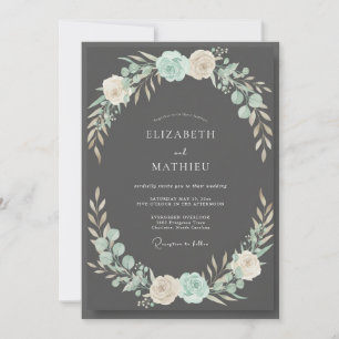 Charcoal Aqua Leafy Wedding Invitation