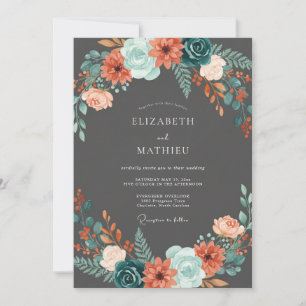 Charcoal Aqua Wildflower Wedding Invitation