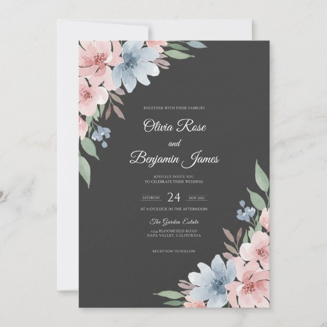 Charcoal Azure Leaf Wedding Invitation (Front)