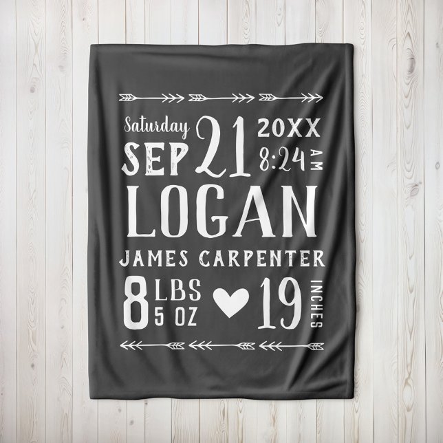 Charcoal Baby Boy Birth Stats Keepsake Fleece Blanket (Creator Uploaded)