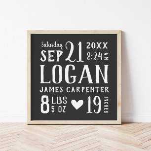 Charcoal Baby Name Birth Stats Editable Colours Poster